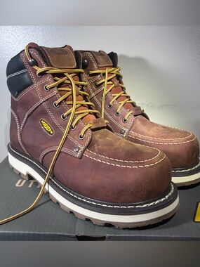 KEEN Brown Leather Moc Toe Work Boots with Yellow Laces